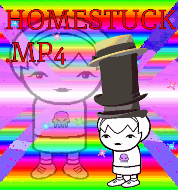 Rose from Homestuck wearing a stack of Team Fortress 2 hats. Behind Rose is a giant, transparent Rose doing the Club Penguin dance. above them is the text 'HOMESTUCK.MP4'. the background is a bright scenecore rainbow design.