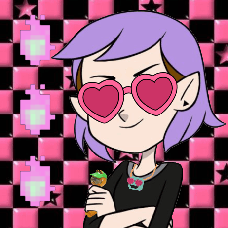 profile picture of amity from the owl house with heart sunglasses, while wearing a necklace of Captain Viridian from VVVVVV and holding a Garfield pez dispenser. she is in front of a pink scenecore background, and there are 3 pink pixel fire gifs next to her