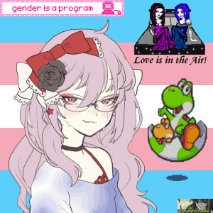 custom picrew of me, in front of the trans flag. above me is a 'gender is a program' gif, to my top right is a gif of two lesbians on a car with the caption 'love is in the air!' to my right is yoshi from tetris attack, in the bottom right is a gif from some random hentai geocities page (not nsfw though)