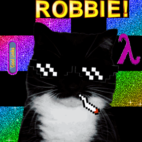 cat smoking a pixel blunt, while wearing pixel sunglasses. with moving text 'ROBBIE!' above. to the cats left is the Half-Life Lambda logo as a gif. to the cat's right is a 'Cool Links' website button. the background is a scenecore checkerboarded rainbow.