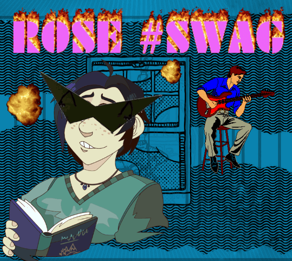 friends old pfp but with 2 explosion gifs and wearing Dave Strider from Homestuck sunglasses. the text 'ROSE #SWAG' is at the top in pink, flaming text. a gif of a man playing the guitar is on the right. the background is the cover art of Marc With A C's Thanatophobia.