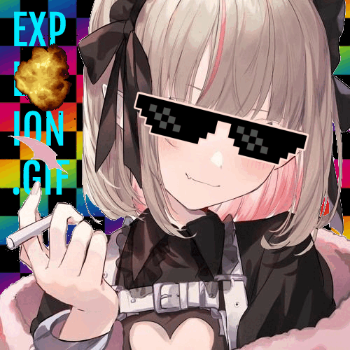 Makaino Ririmu with pixel sunglasses holding a cigarette, with a scenecore background behind her and the text 'EXPLOSION.GIF' behind her. the text has an explosion gif in front of it.